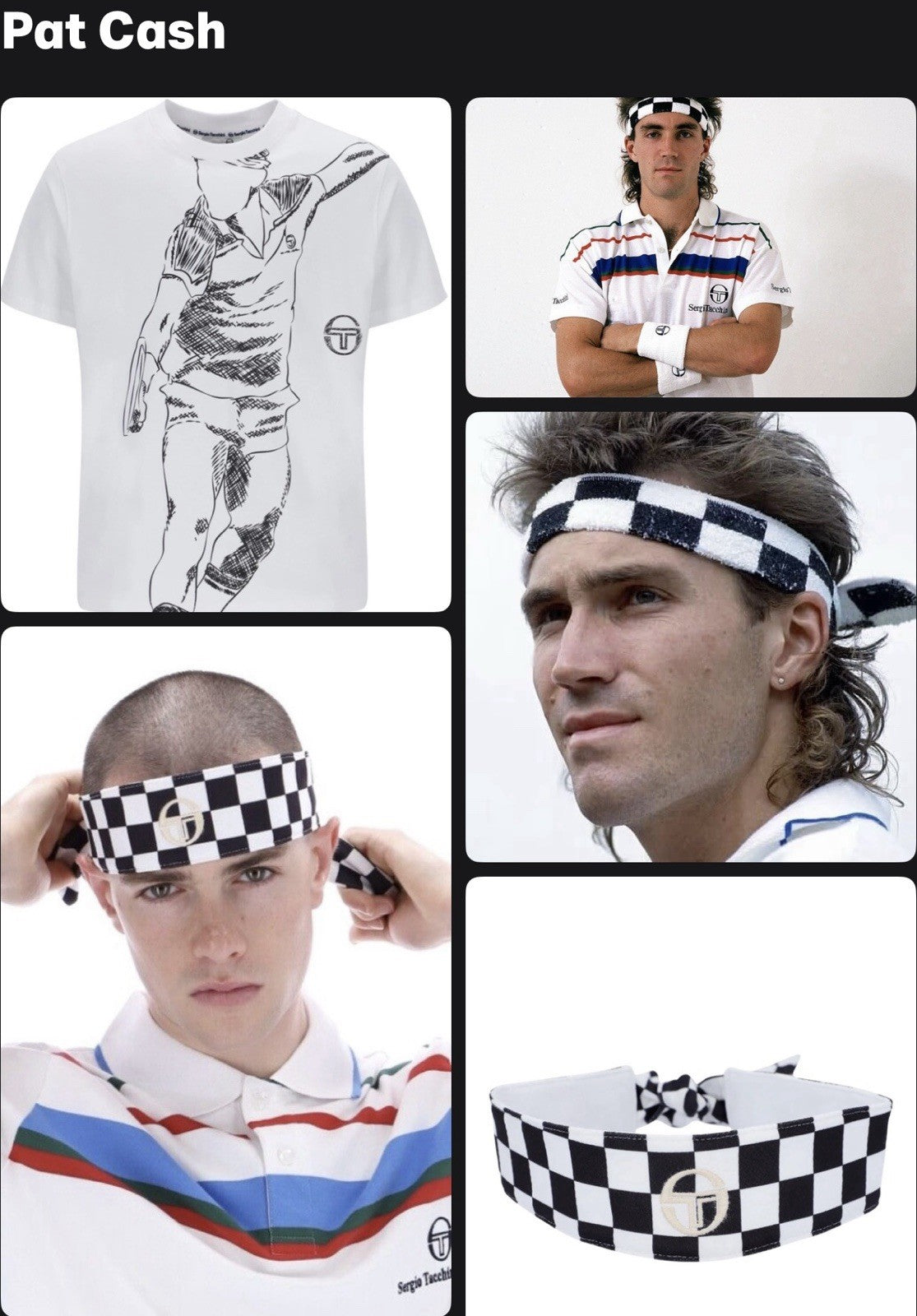 Sergio Tacchini Pat Cash Inspired T-Shirt/Chequered Black/White Headband RRP £50